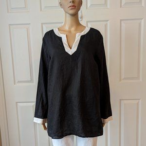 Lauren Ralph Lauren 100% Linen Tunic Top Black with White V Neck Size 1X